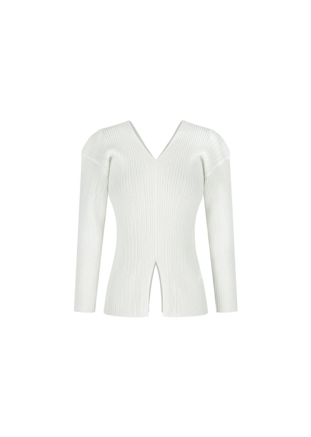 Pleats V-neck Knit Blouse, White — vue 2