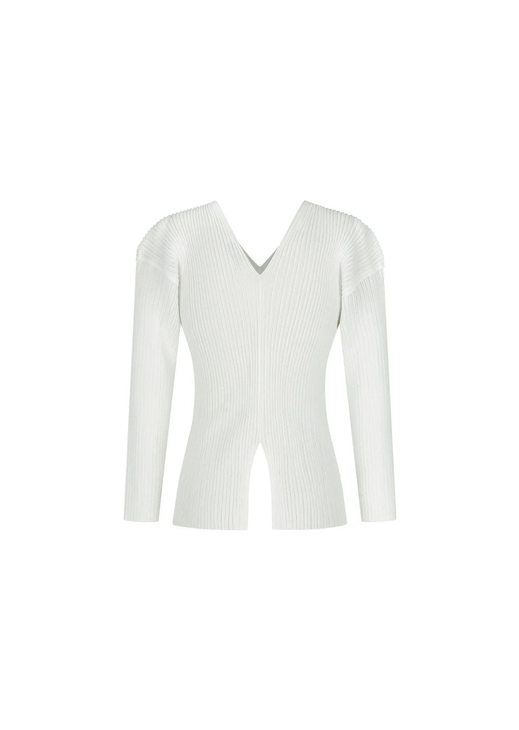 Pleats V-neck Knit Blouse, White — vue 1