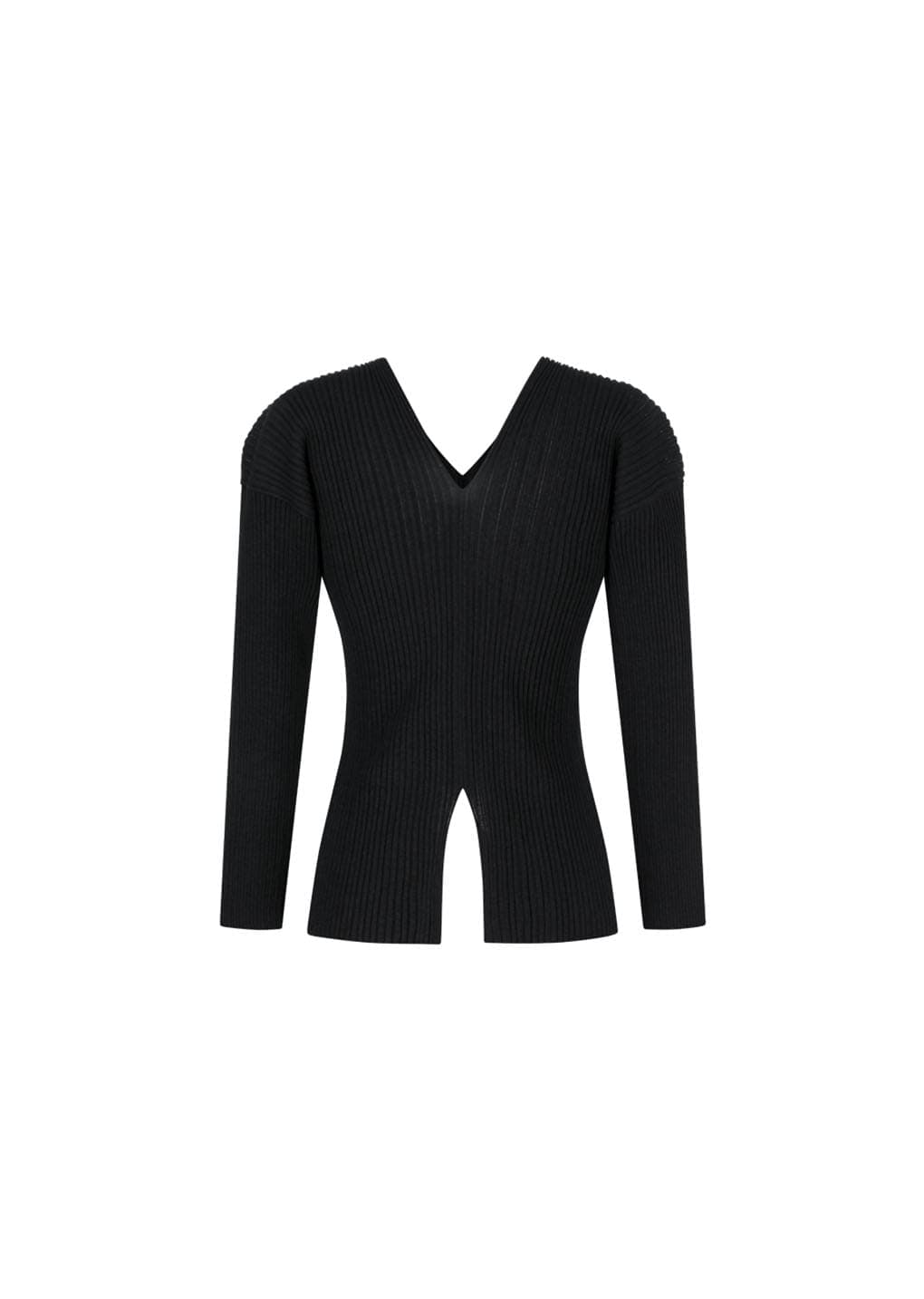 Pleats V-neck Knit Blouse, Black — vue 1