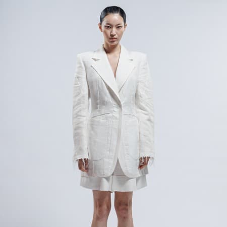 Linen Blend Sinuous Line Power Shoulder Single Jacket