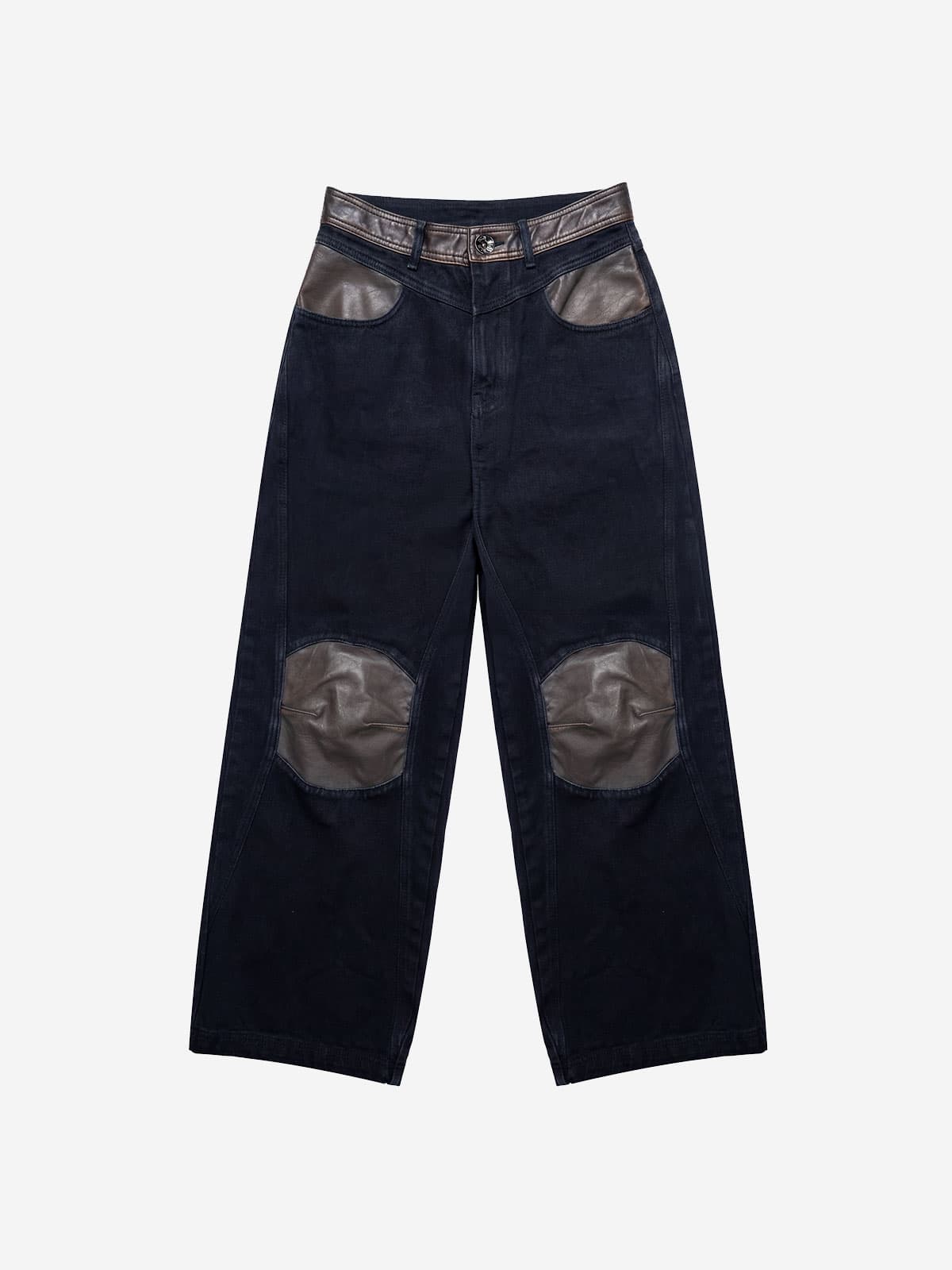 Leather-Trim Knee Point Denim Pants
