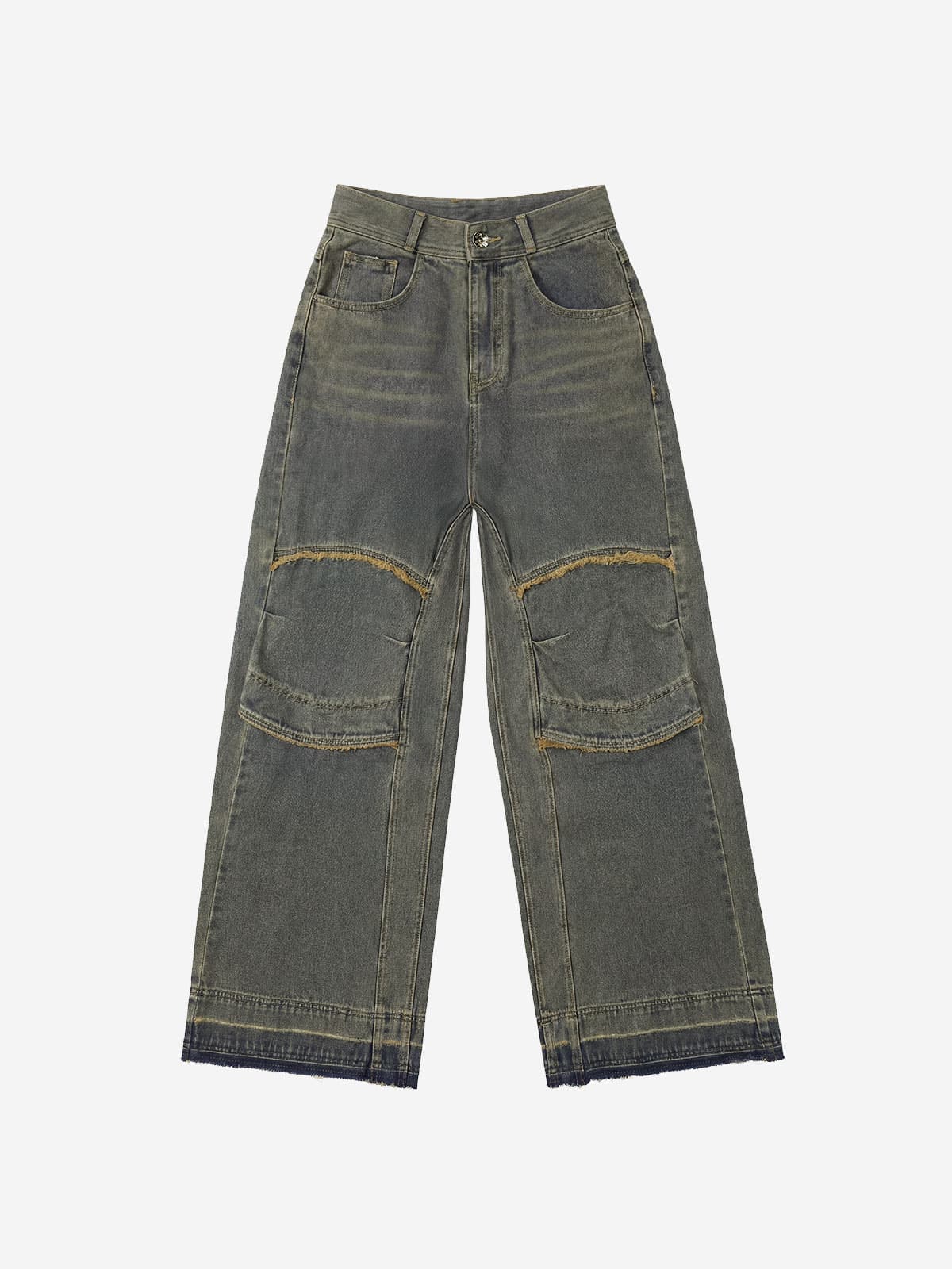 Knee Point Washed Denim Pants Yellow Blue