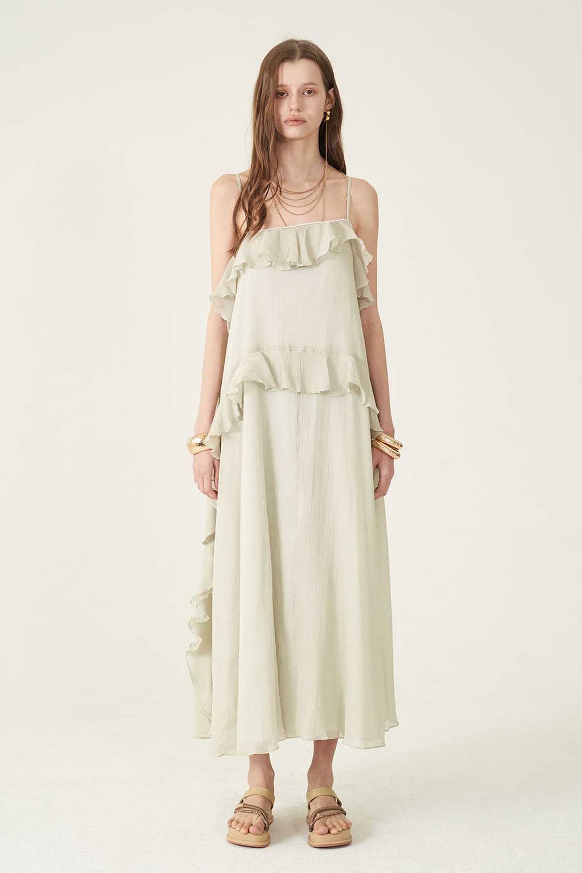 [CAHIERS 26SS] Silver-Thread Stripe Cotton-Silk Tiered Frill Slip Dress