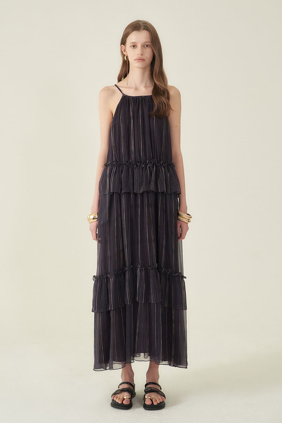 [CAHIERS 26SS] Stripe Silk Tiered Frill Sleeveless Maxi Dress
