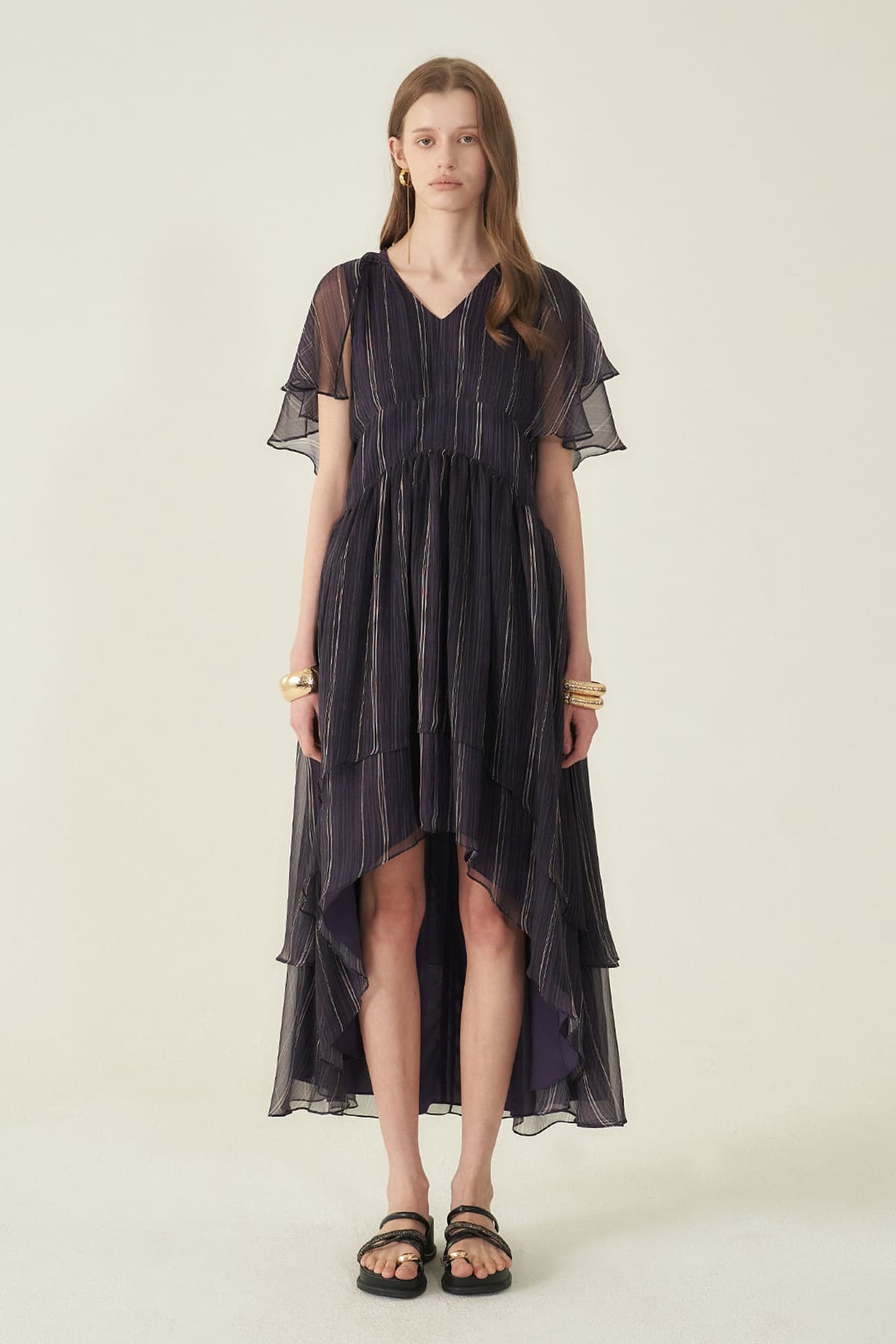 [CAHIERS 26SS] Stripe Silk Flutter Sleeve Asymmetric Dress