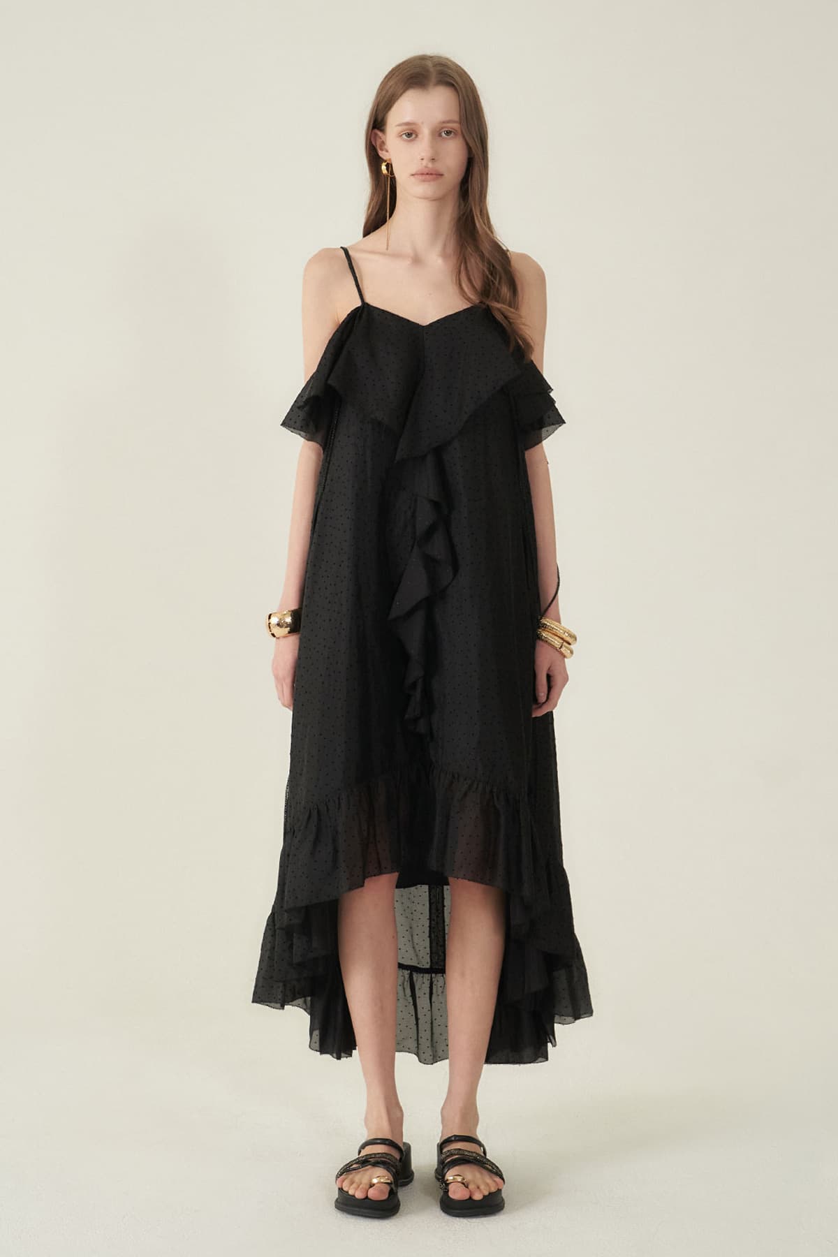 [CAHIERS 26SS] Mini Dot Chiffon Center Frill Asymmetric Dress