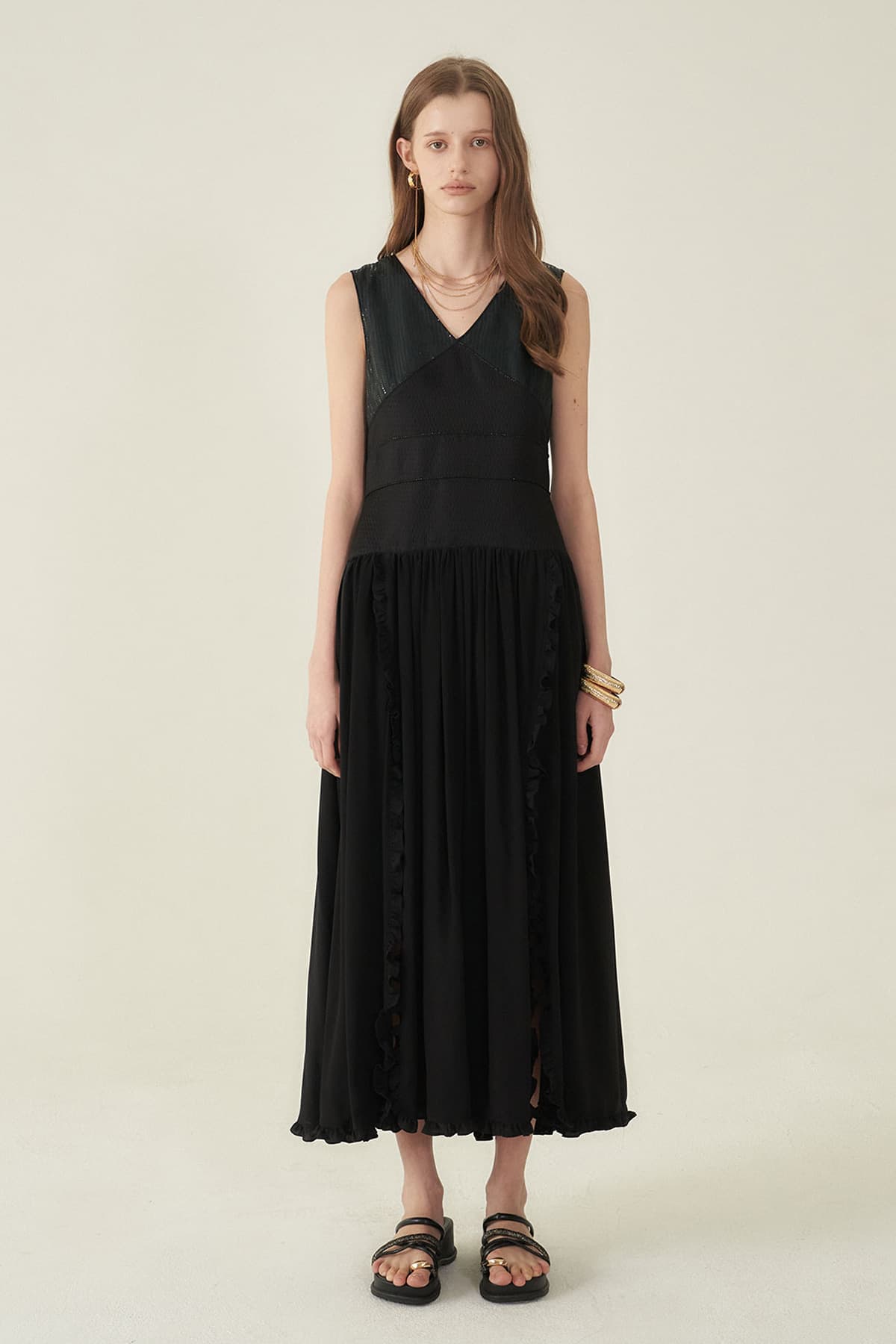 [CAHIERS 26SS] Sequin Top Side Ruffle Slit Maxi Dress
