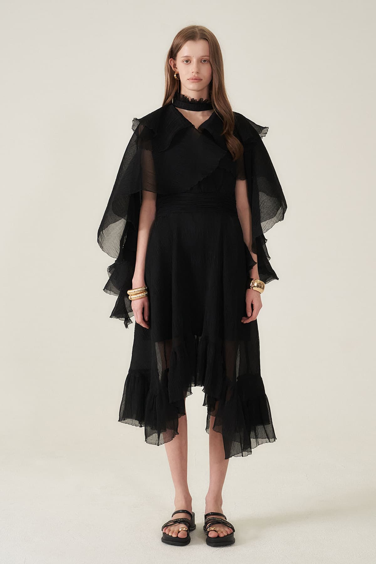 [CAHIERS 26SS] Crinkle Black Cape Layered Asymmetric Dress