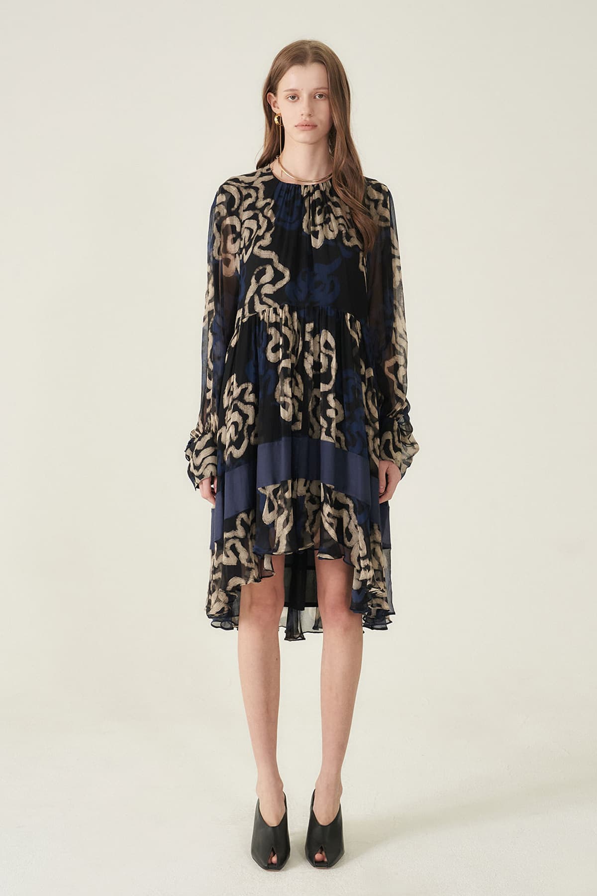 [CAHIERS 26SS] Art Graphic Chiffon Silk Layered Long-Sleeve Dress
