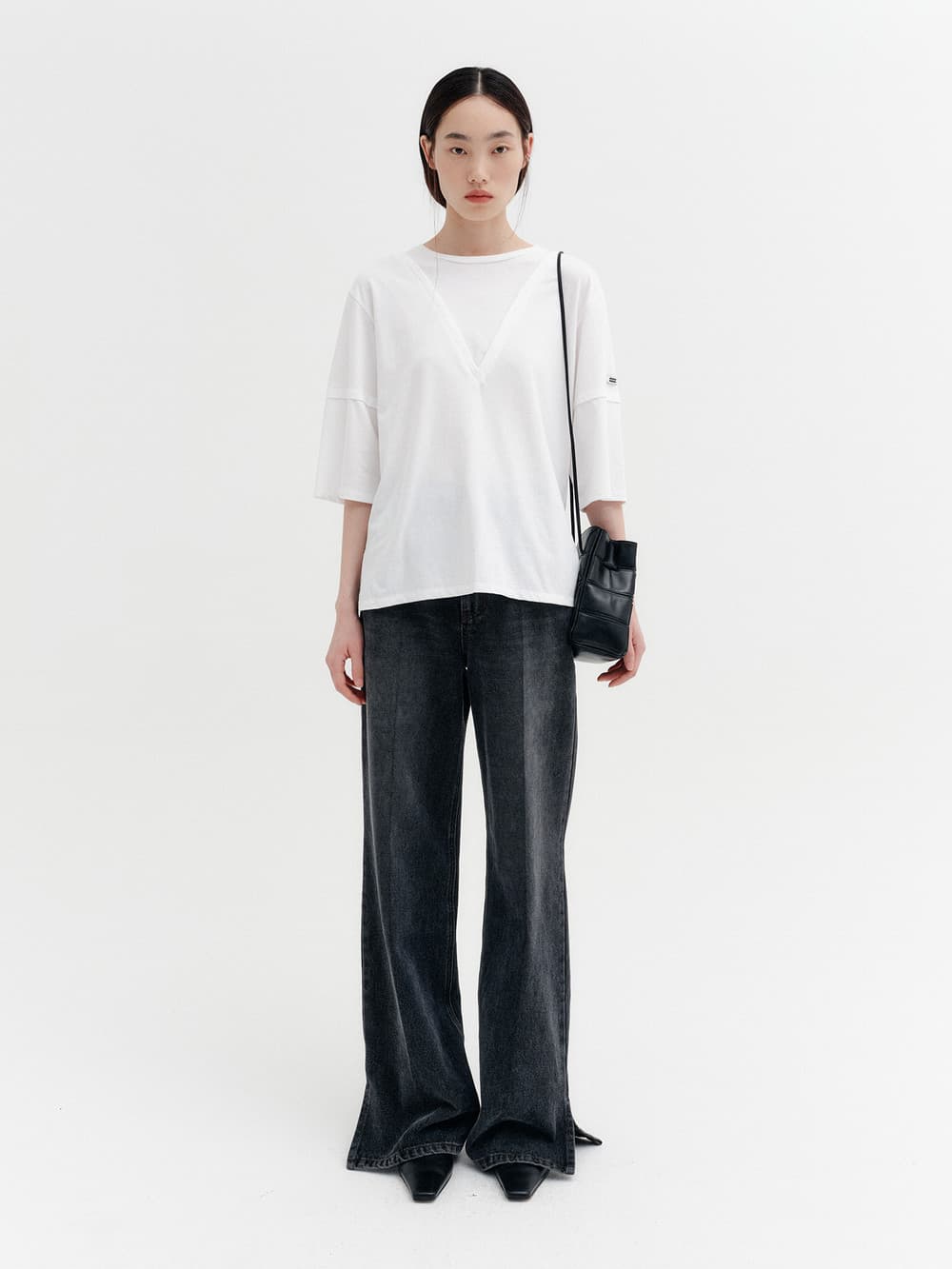 Flare-Fit Slit Denim Pants - Grey