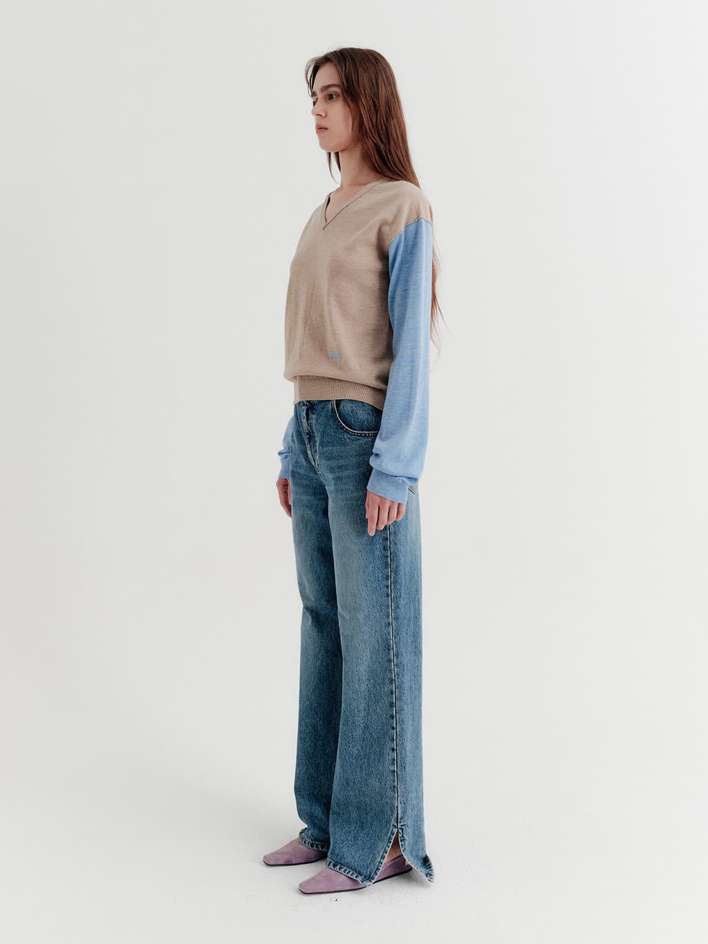 Flare-Fit Slit Denim Pants - Blue — vue 4