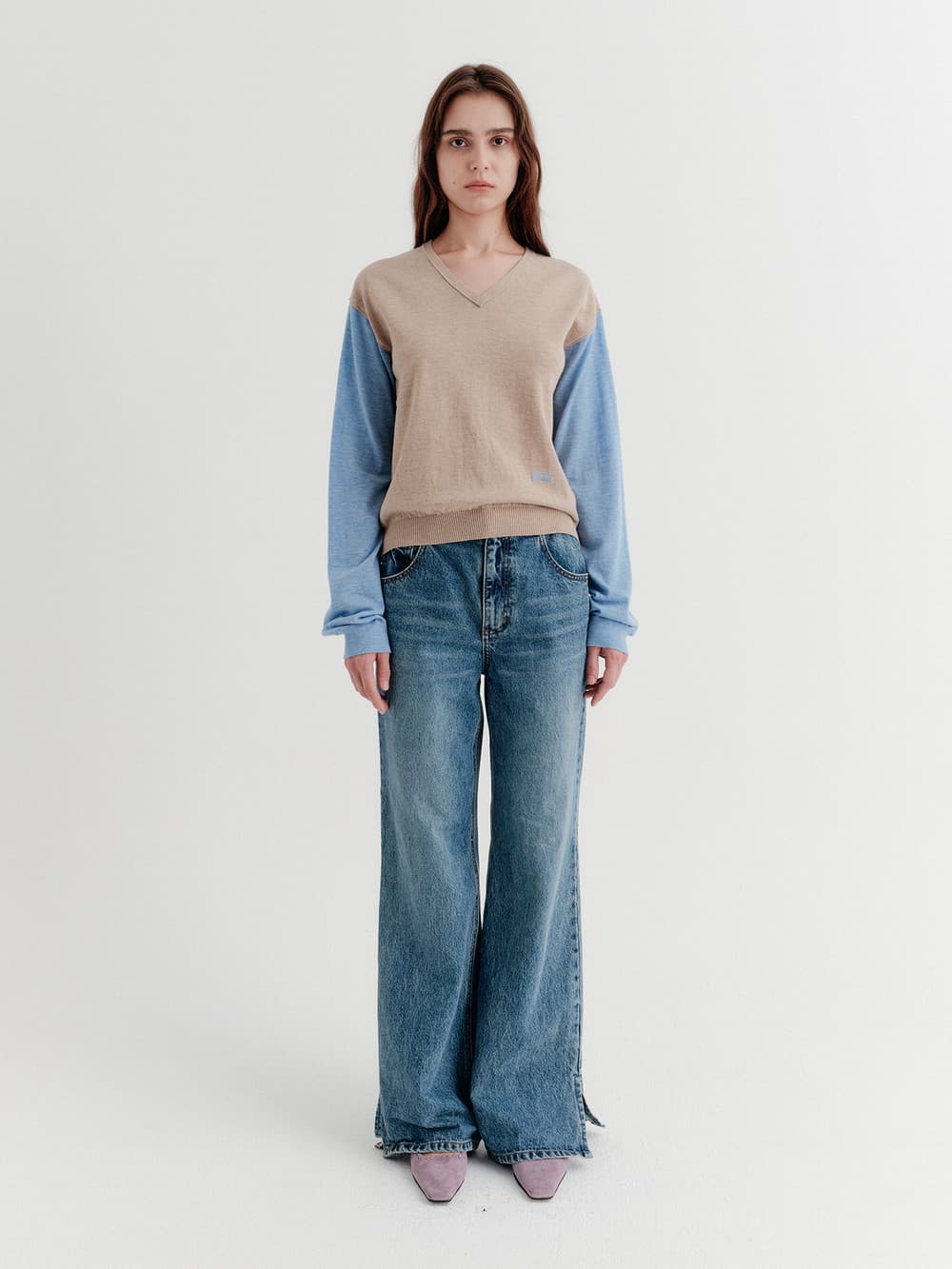 Flare-Fit Slit Denim Pants - Blue