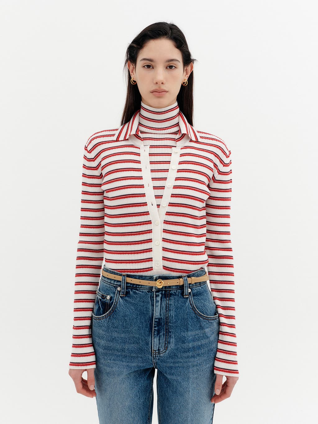 High-Neck Layered Knit Top - Ivory — vue 1