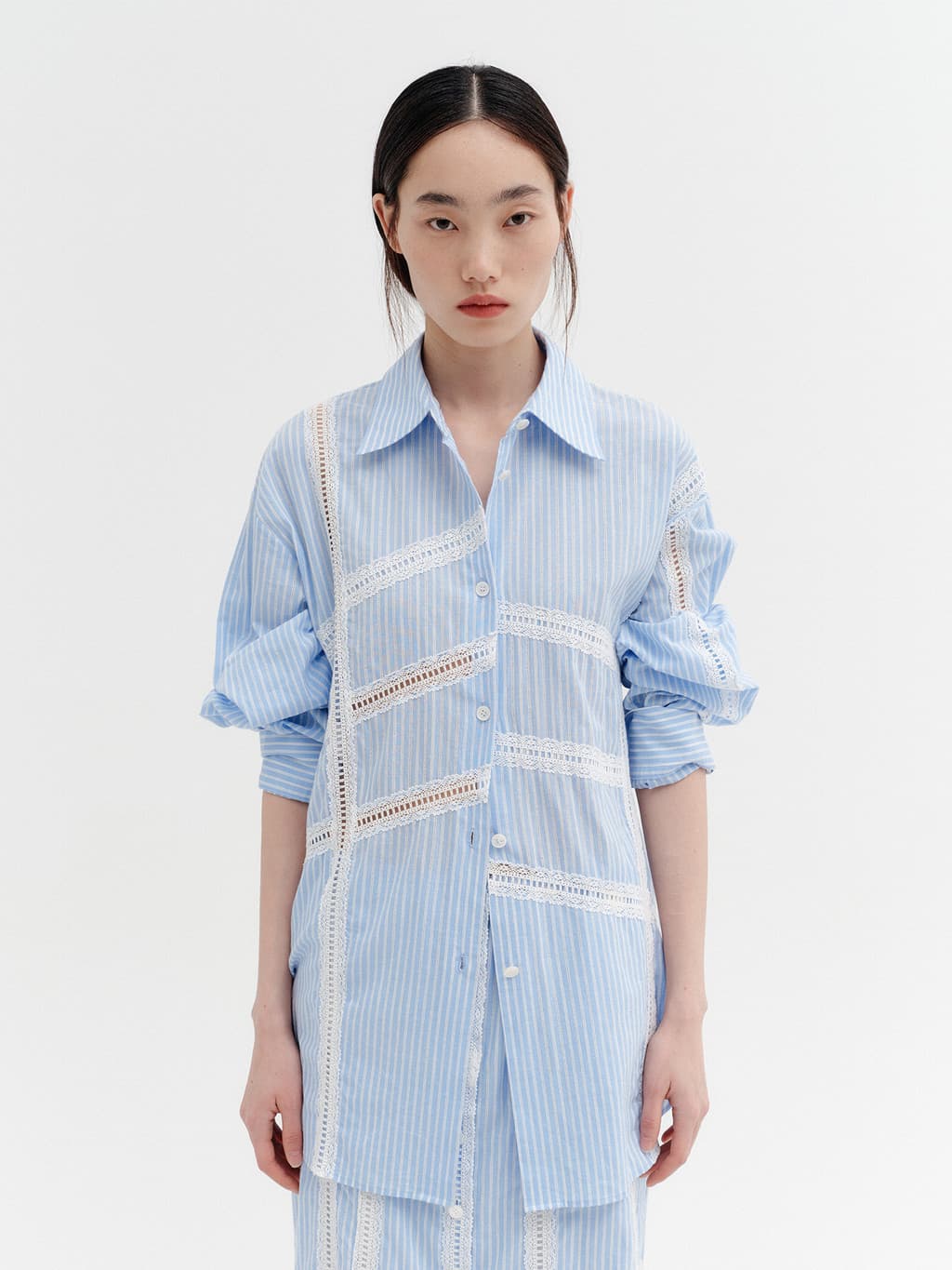 Lace Detail Panel Shirt - Sky Blue — vue 1