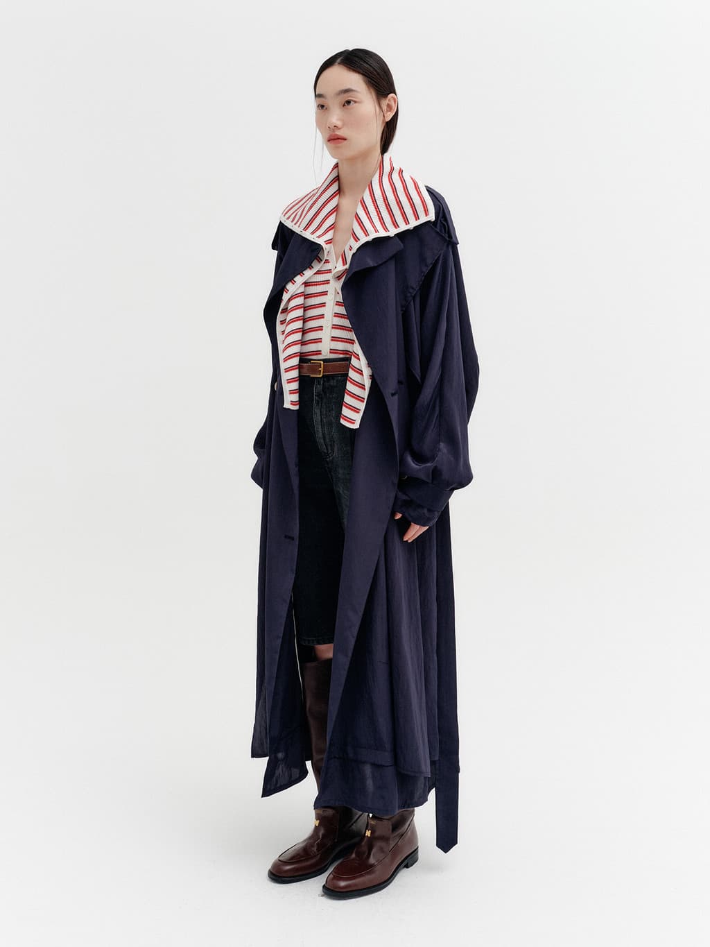 Layered Collar Trench Coat - Navy — vue 4