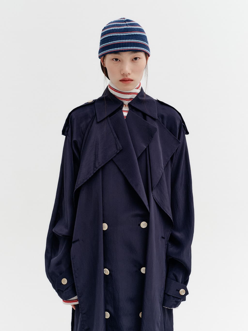 Layered Collar Trench Coat - Navy — vue 8
