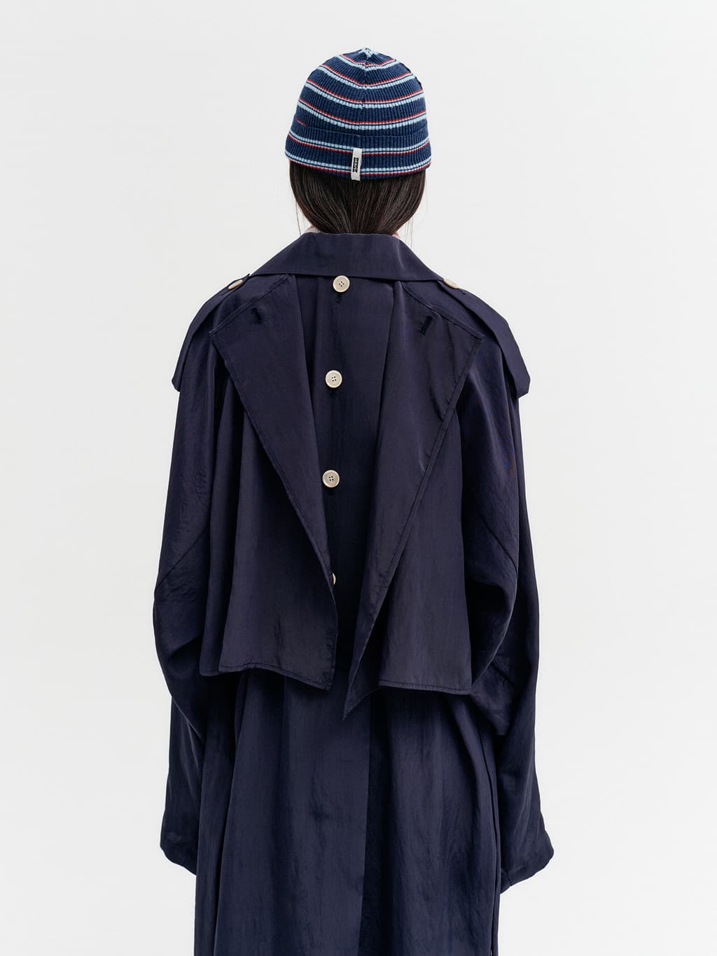 Layered Collar Trench Coat - Navy — vue 9
