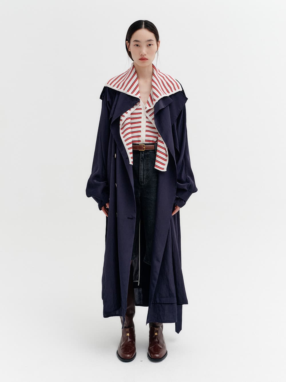 Layered Collar Trench Coat - Navy