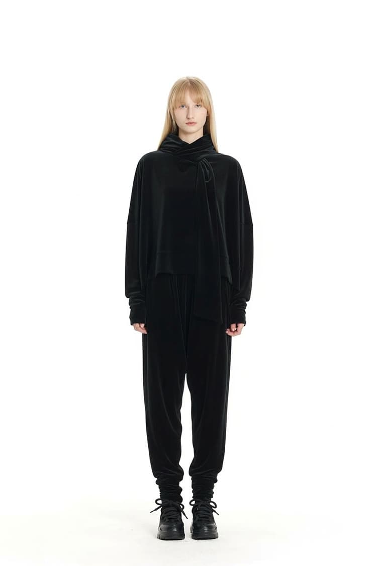 GDeL Velvet Wide Tie Hoodie (Black) — vue 1