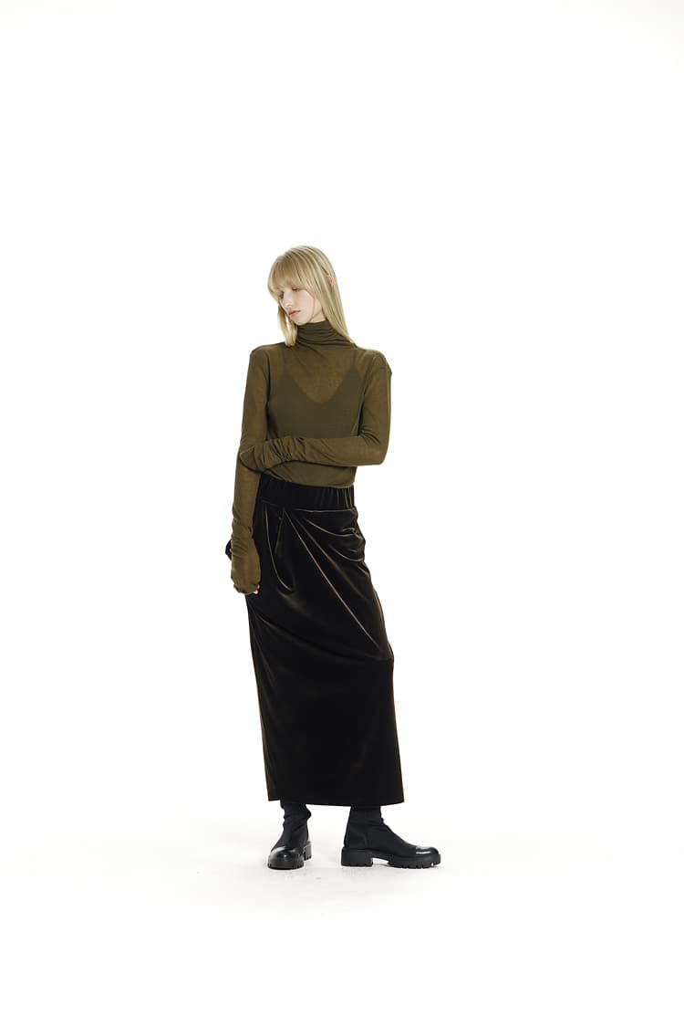 GDeL Asymmetric Pocket Velvet Skirt (Khaki) — vue 9