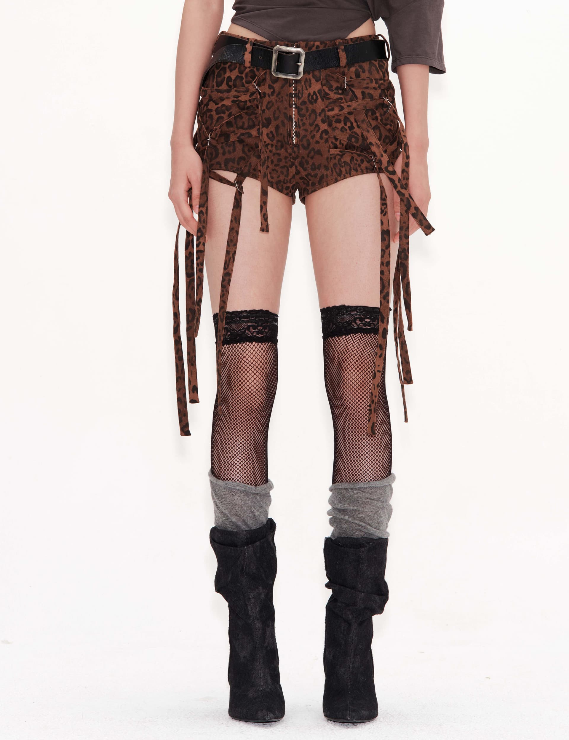 Side Strap Detail Leopard Shorts