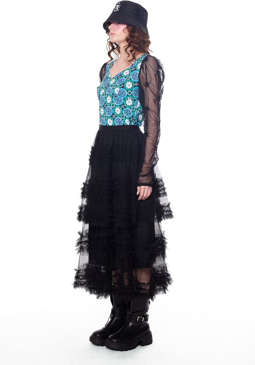Sheer Lace Tiered Ruffle Mid Skirt — vue 2
