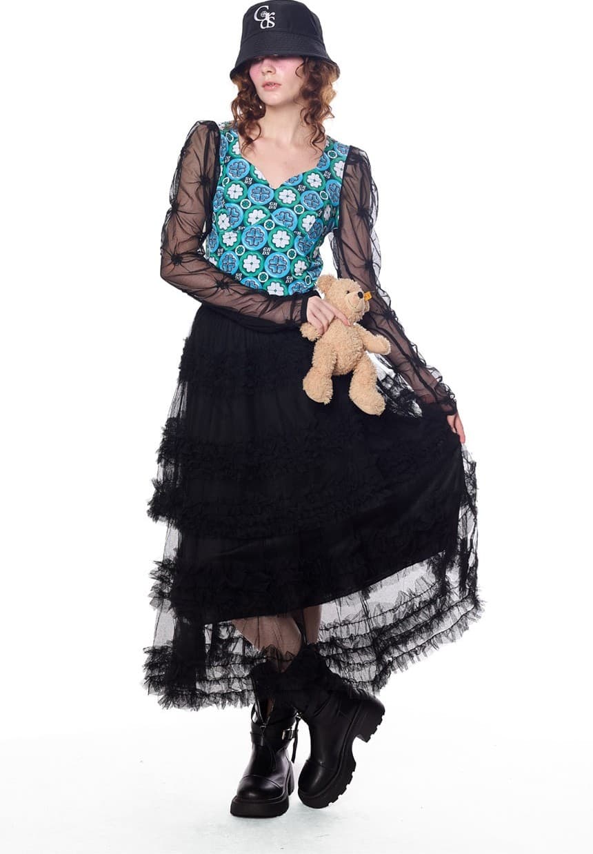 Sheer Lace Tiered Ruffle Mid Skirt — vue 3
