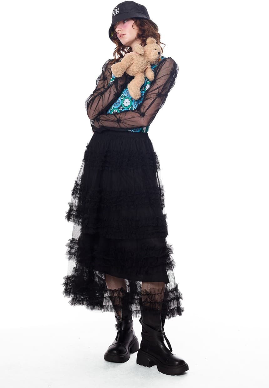 Sheer Lace Tiered Ruffle Mid Skirt — vue 4