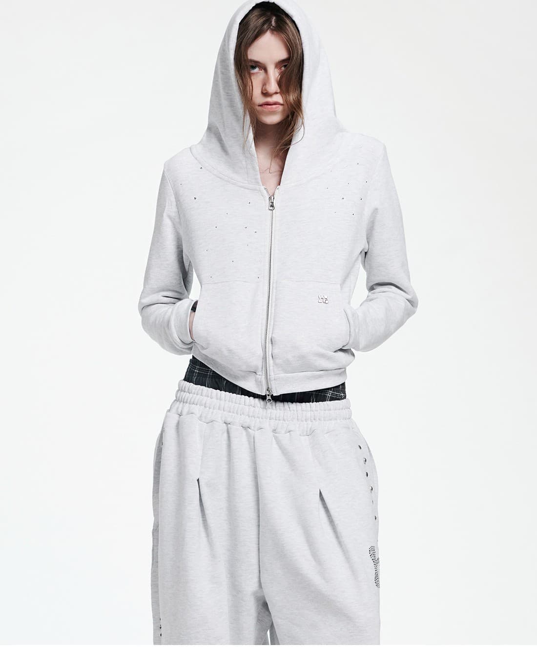 Holy Symbol Crop Hooded Zip-Up_WHITE MELANGE — vue 11