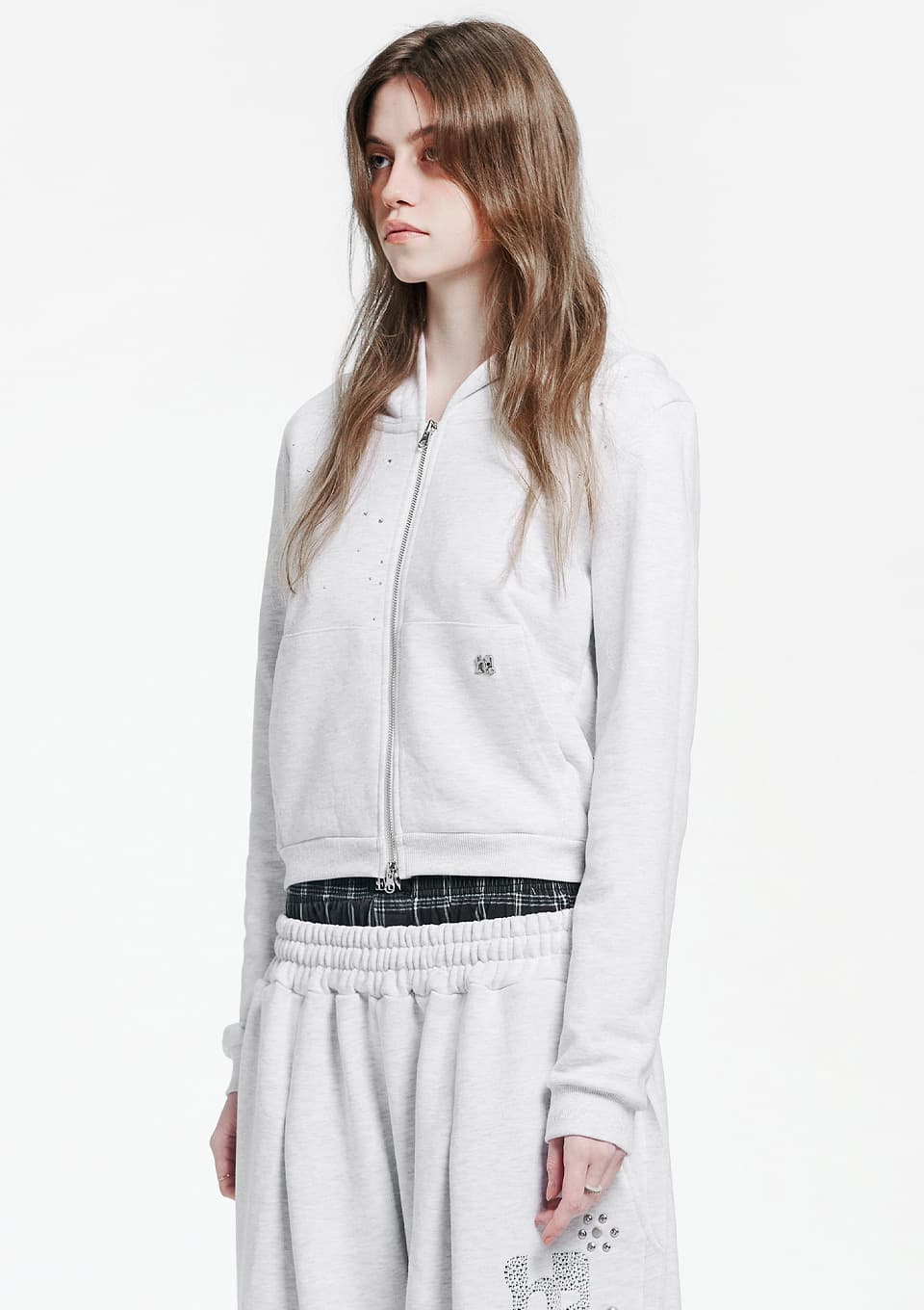 Holy Symbol Crop Hooded Zip-Up_WHITE MELANGE — vue 1