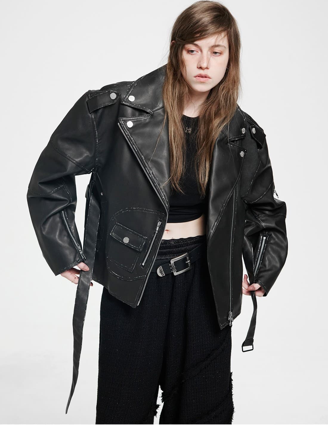 Vintage Leather Belted Jacket — vue 5
