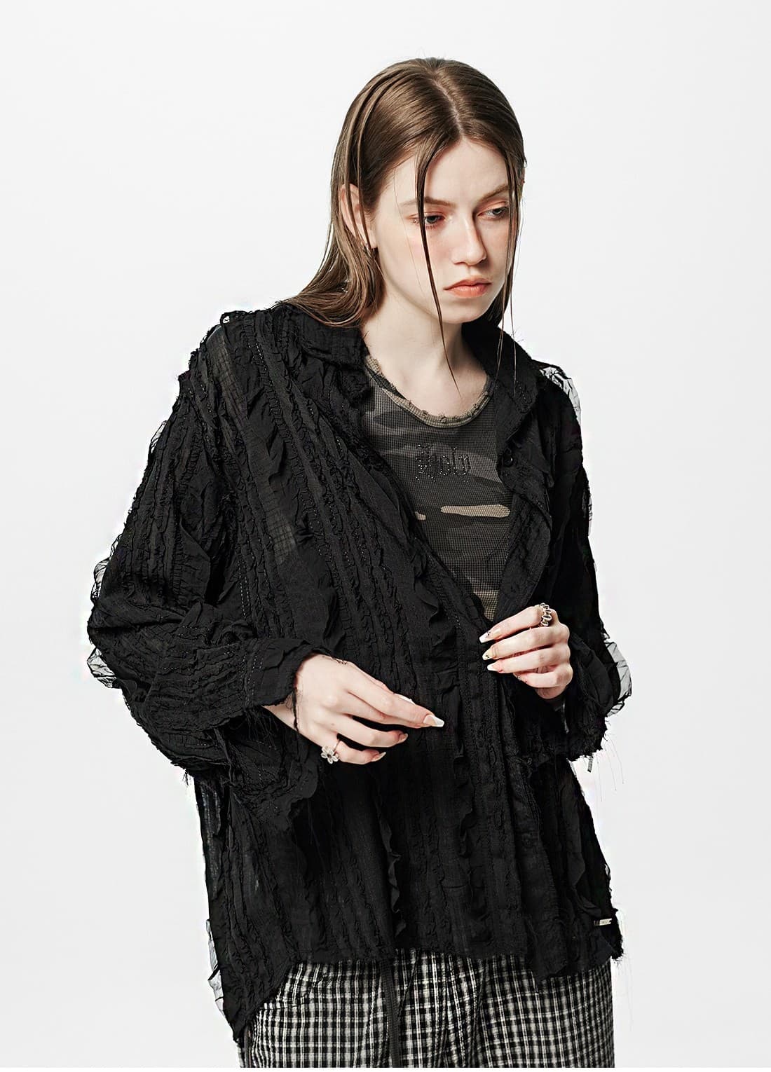 Raw Edge Detail Ruffle Shirt _ Black — vue 7