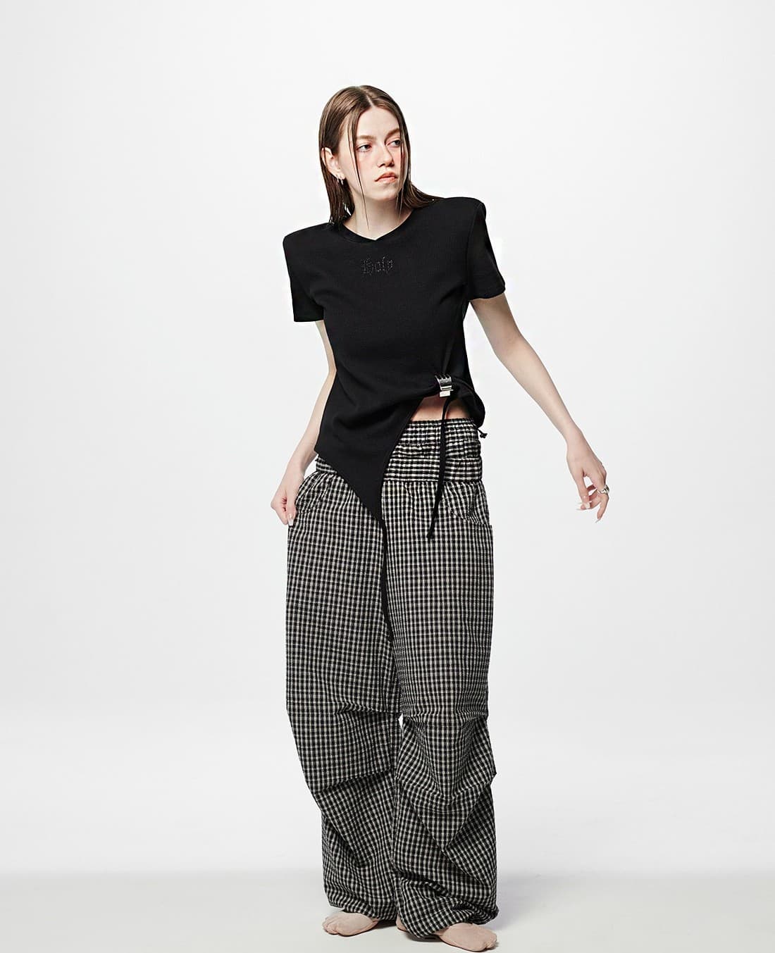 Shoulder-padded waffle T-shirt _ Black — vue 4