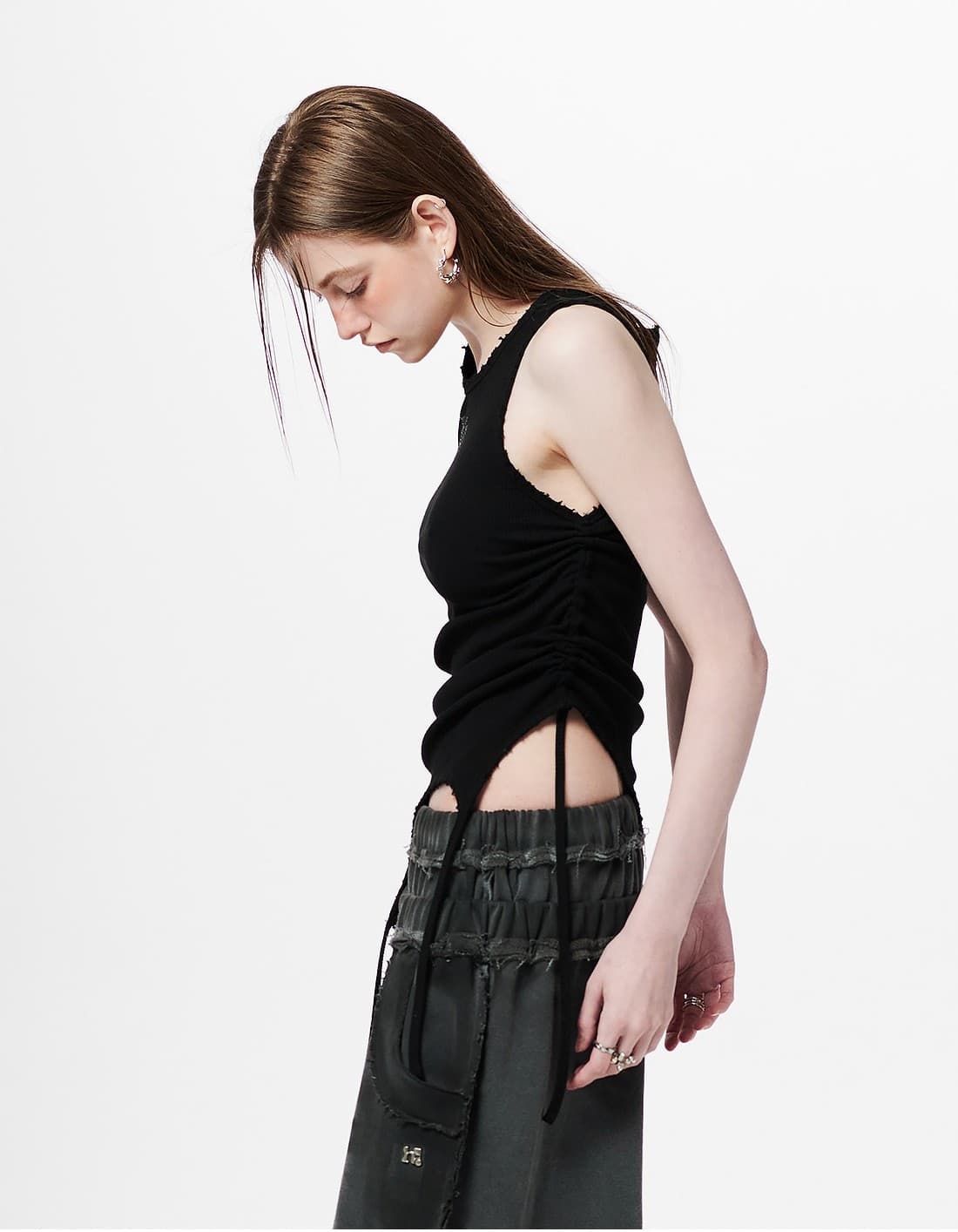 Back Slit Waffle Shirring Top _ Black — vue 8