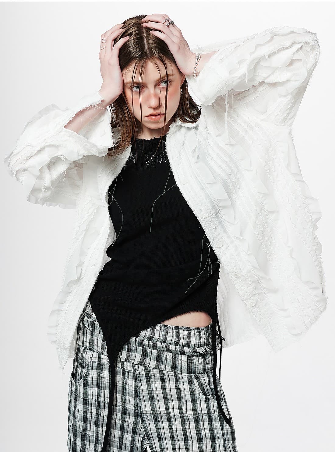 Back Slit Waffle Shirring Top _ Black — vue 9