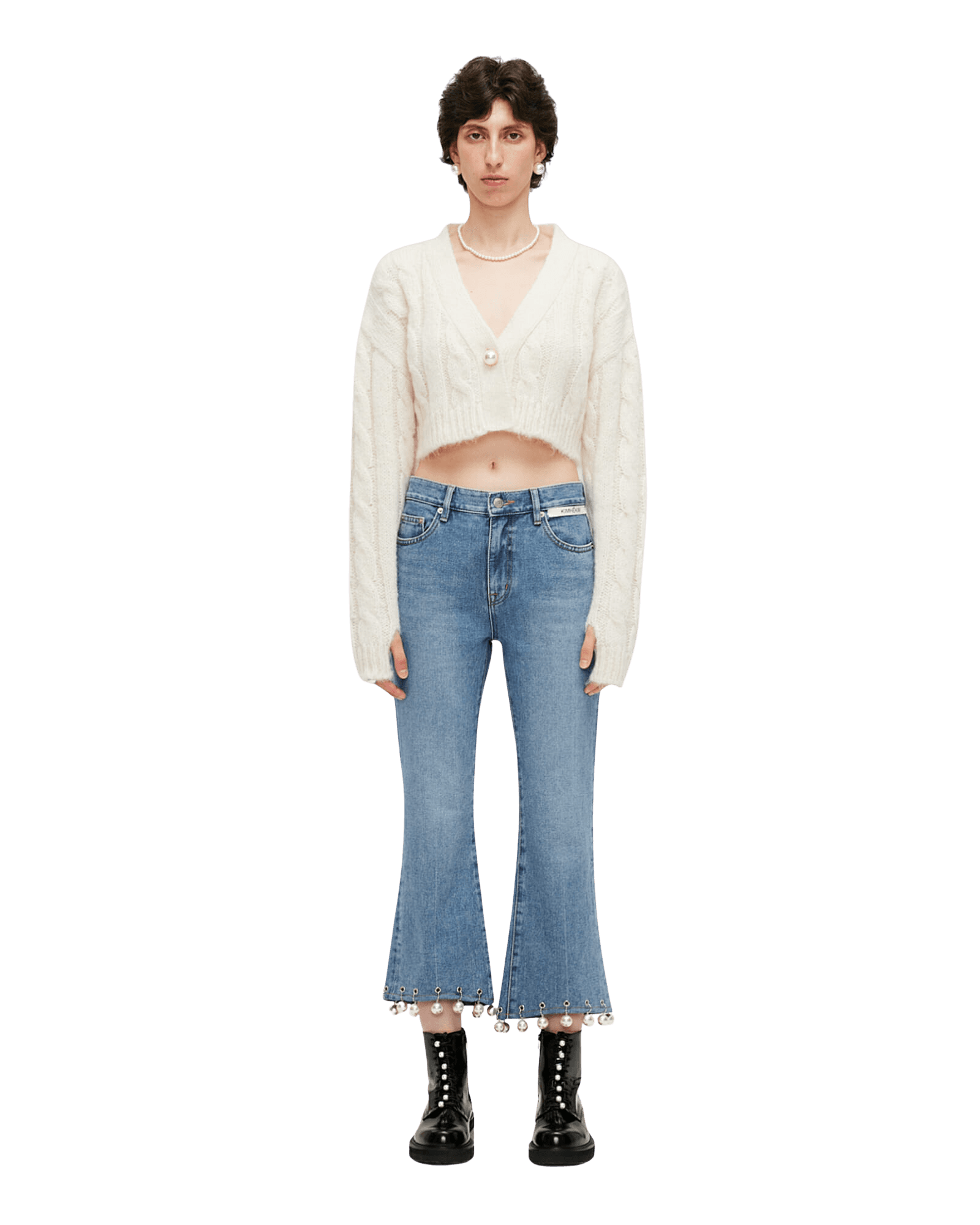Pearl Trimmed Cropped Denim Pants (Sky Blue) — vue 1