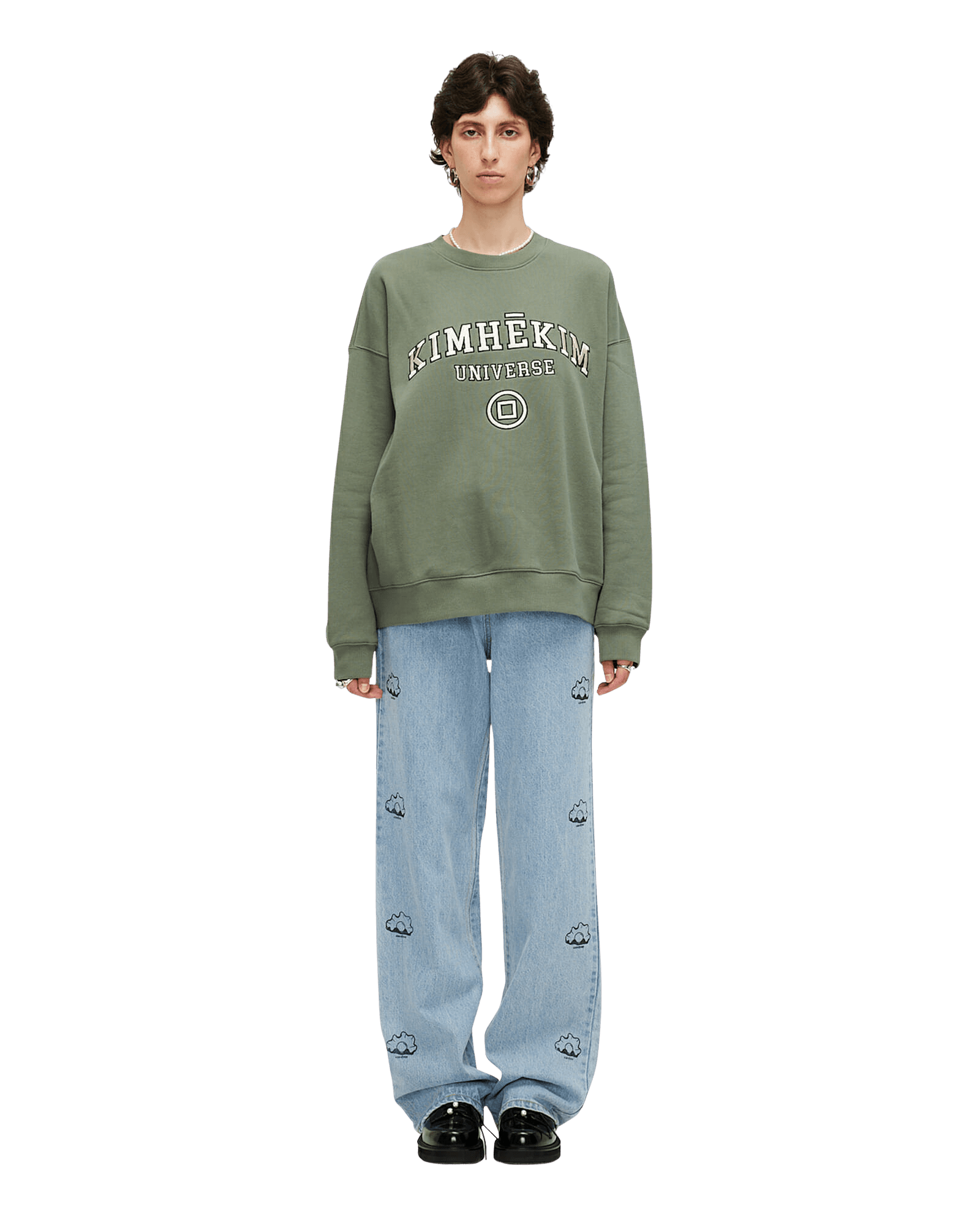 Pearl Stamped Wide Leg Denim Pants (Sky Blue) — vue 1