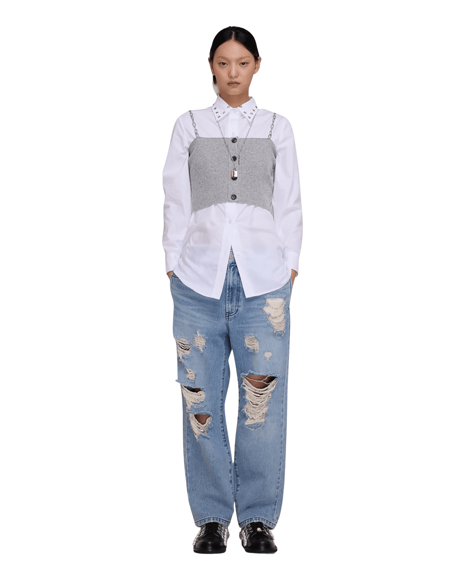 Chain Embellishment Destroyed Jeans (Blue)