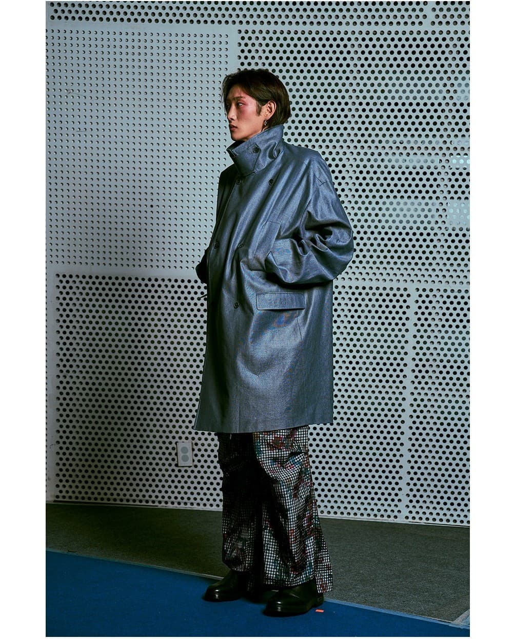 26SS Deep Blue High Neck Double Breasted Coat — vue 6