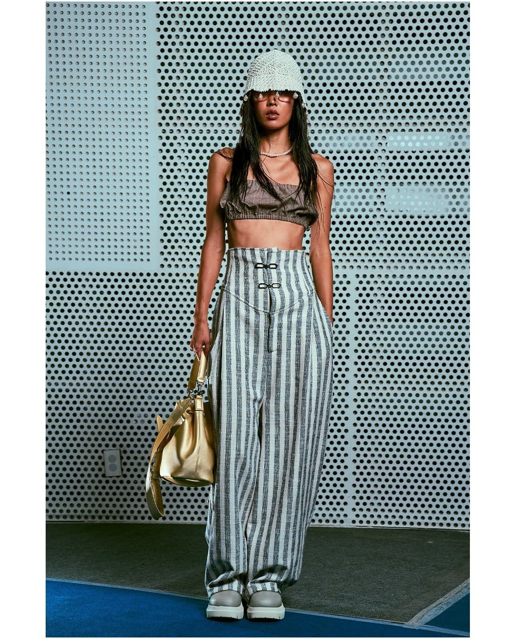 26SS Gray Striped Pattern High Waist Long Pants — vue 3