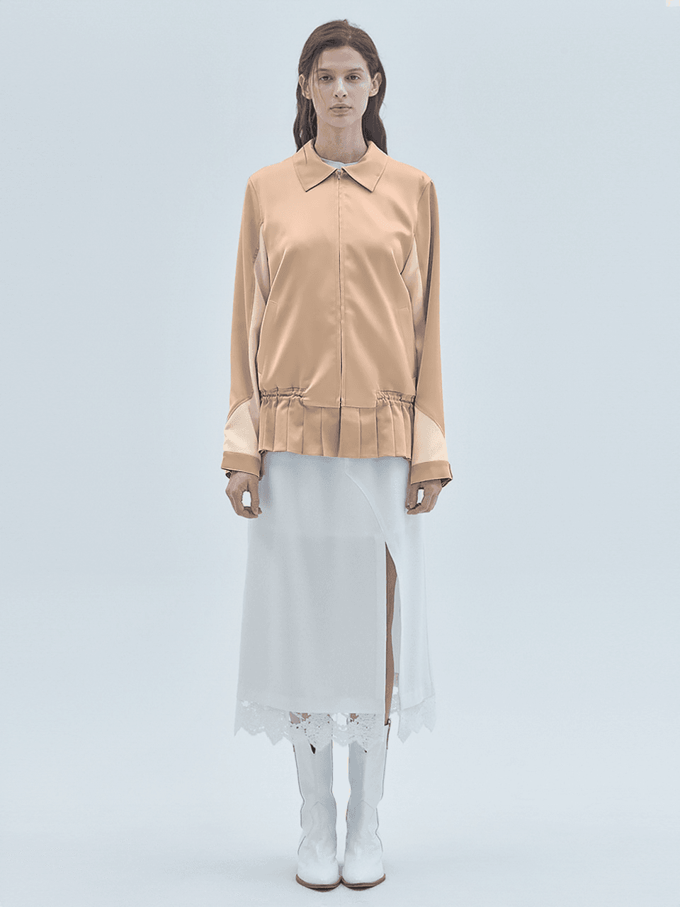 Mini Pleats Block Zip-Up Jacket Champagne