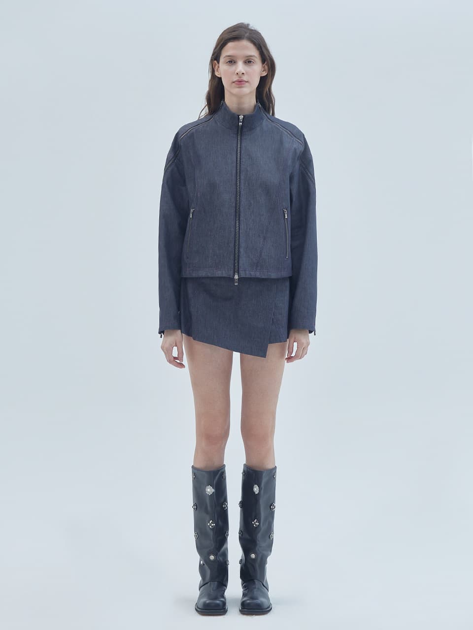 Open Zipper Detail Zip-Up Jacket Navy — vue 1