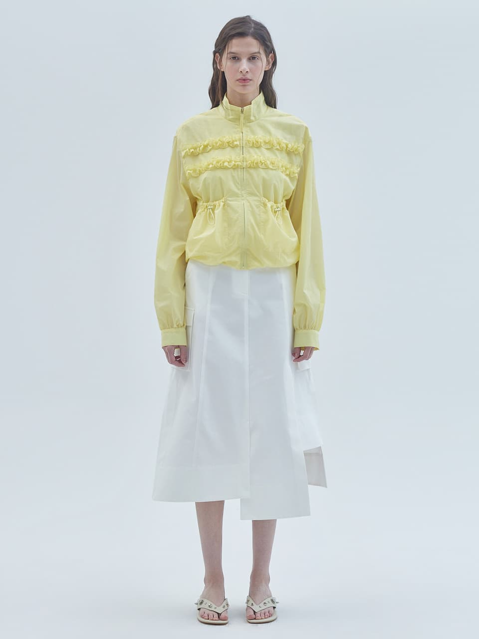 Two-Line Frill Zip-Up Jumper Yellow — vue 1