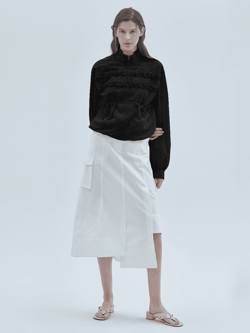 Two-Line Frill Zip-Up Jumper Black — vue 1