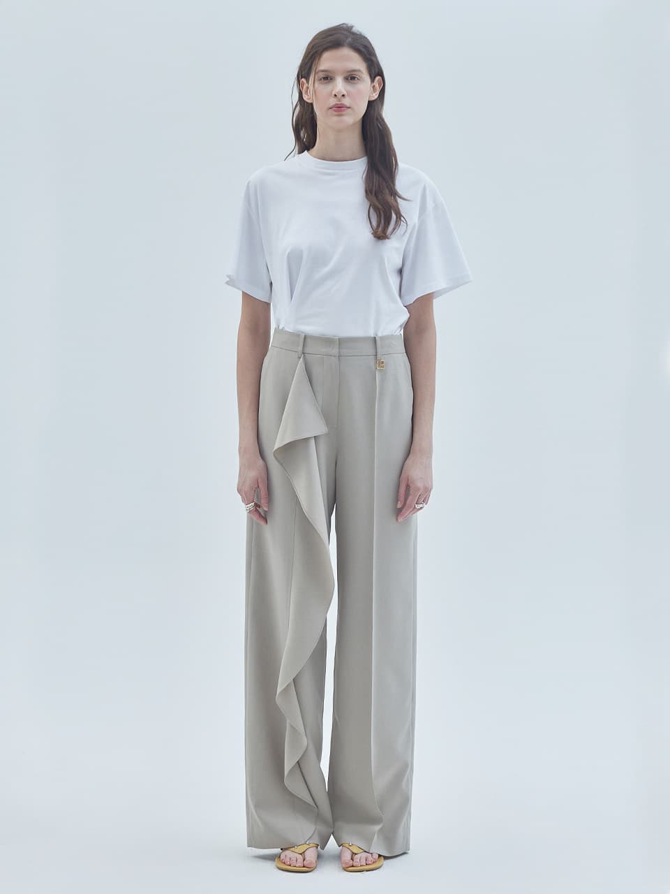 Drape Wrap Wide Slacks Pants Beige — vue 1