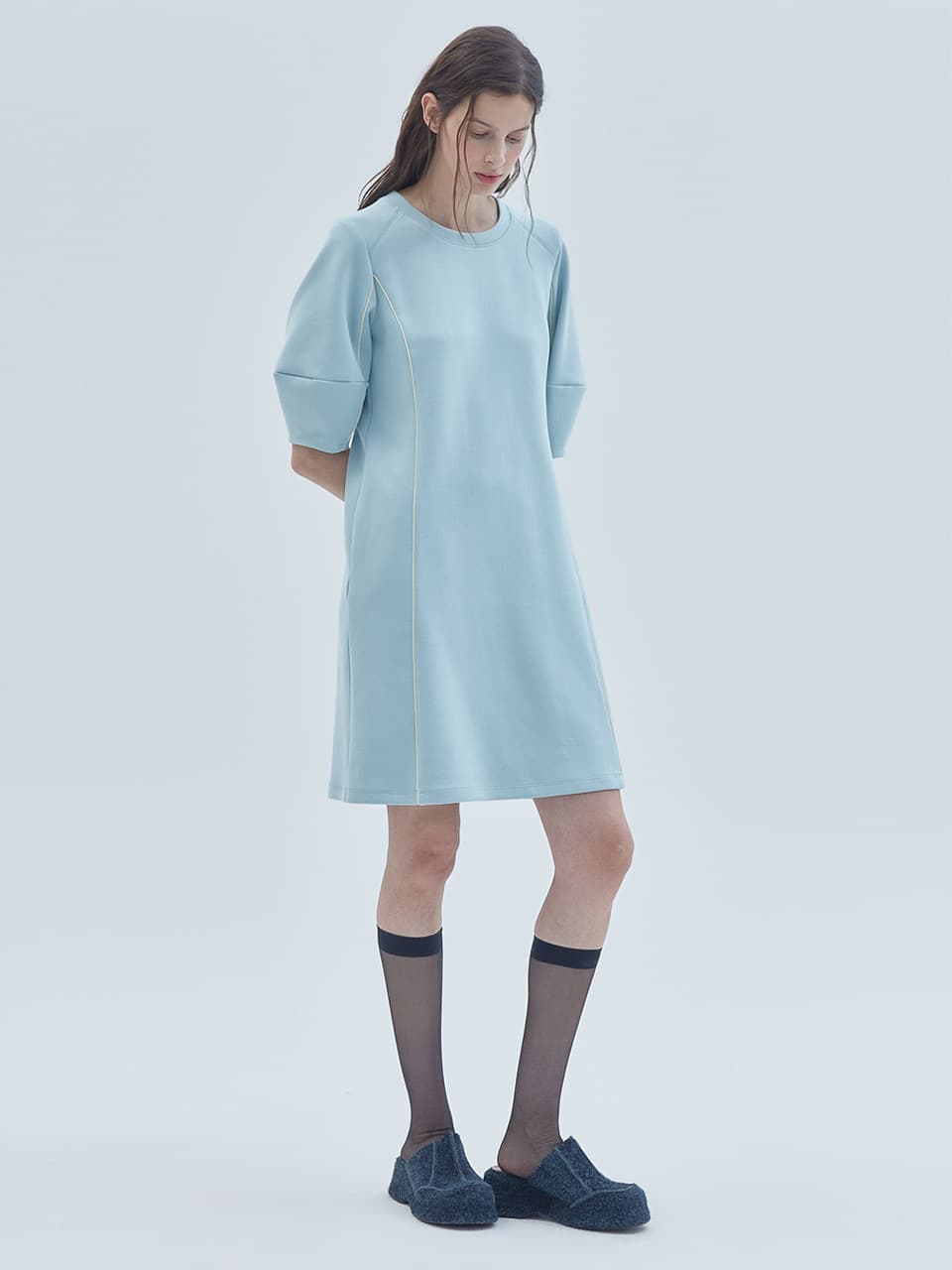 Piping Line Half-Sleeve Mini Dress Mint — vue 1