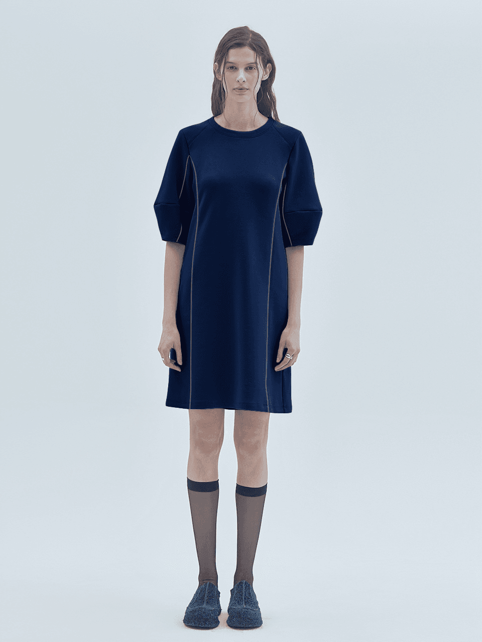Piping Line Half-Sleeve Mini Dress Navy