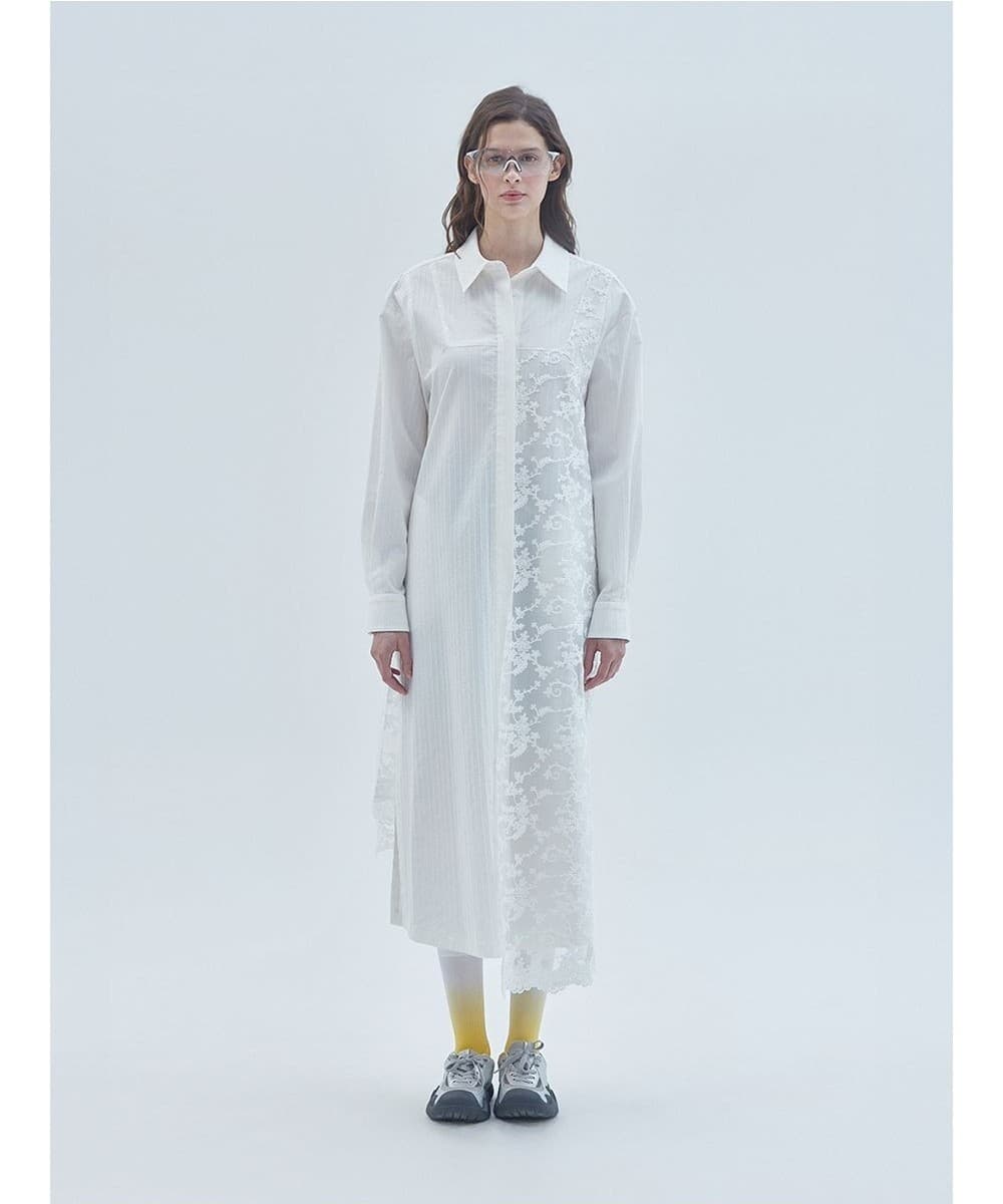 Lace Mix Unbalanced Shirt Long Dress White — vue 2