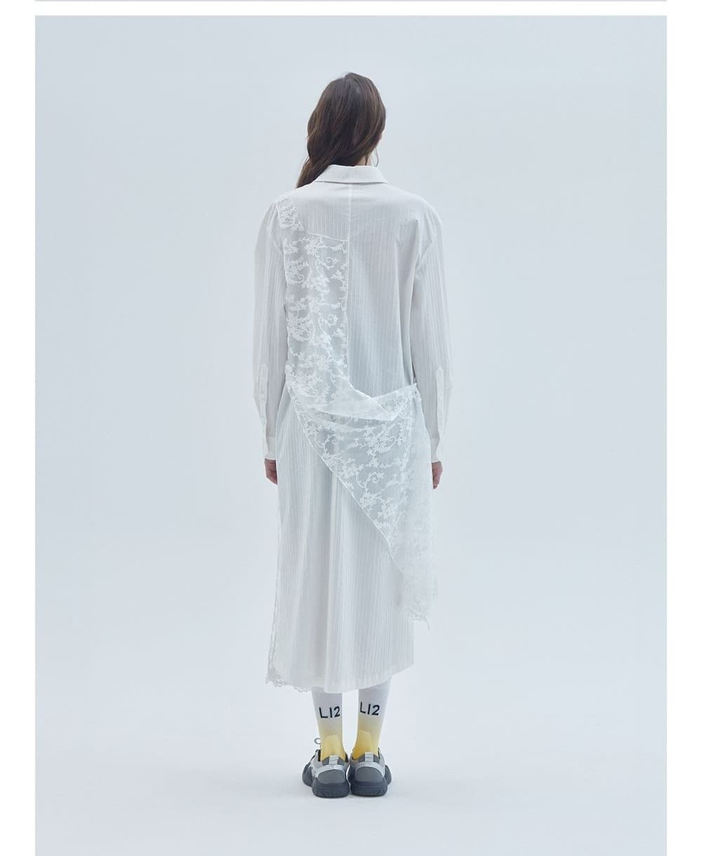 Lace Mix Unbalanced Shirt Long Dress White — vue 4