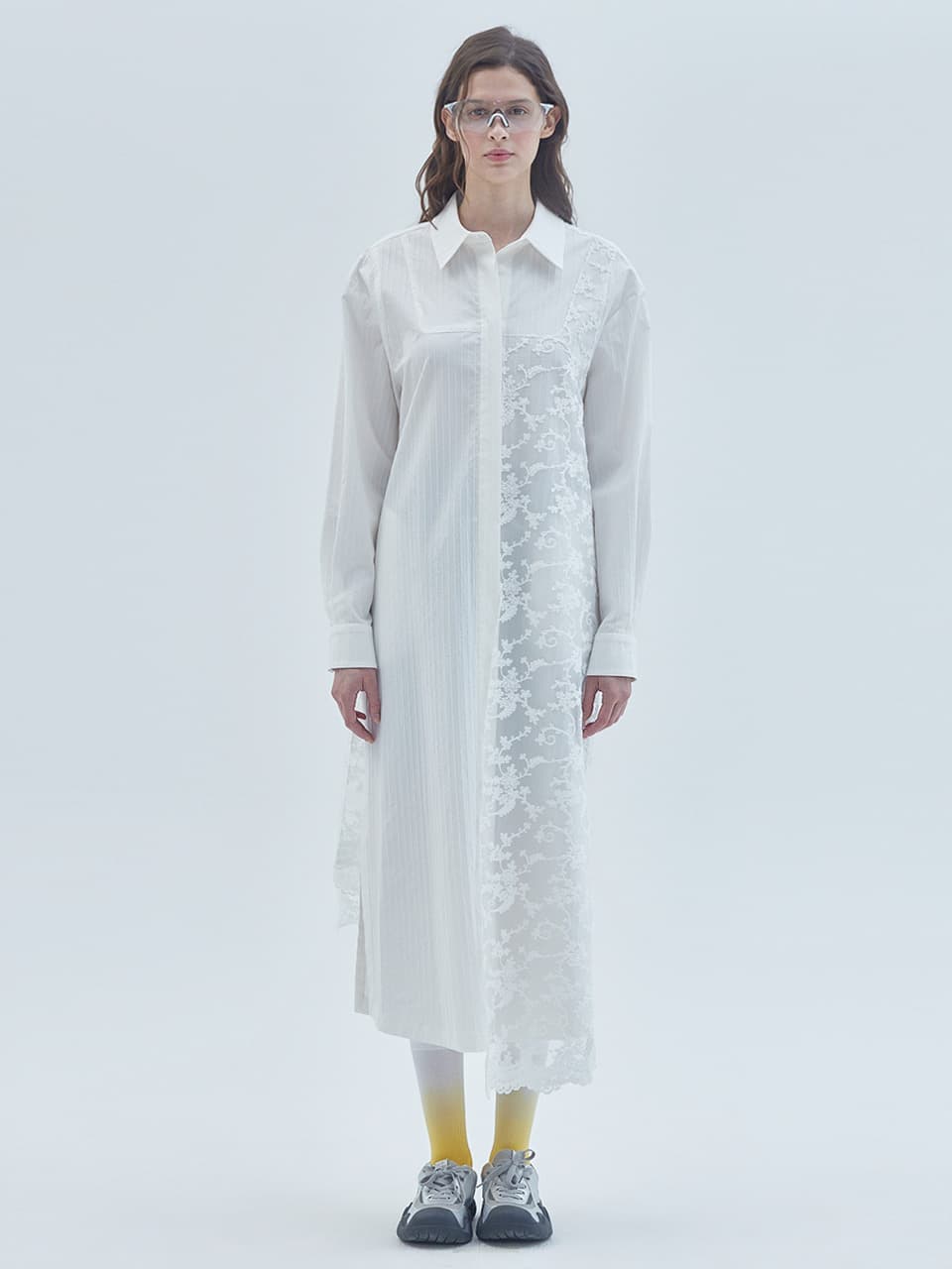 Lace Mix Unbalanced Shirt Long Dress White
